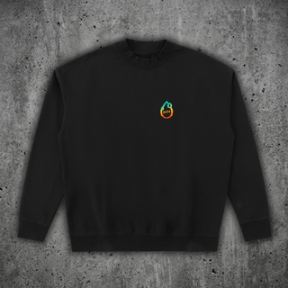 Front view of the DMT.exe oversized graphic crewneck sweatshirt in black, 350 GSM heavyweight cotton fleece with a dropped shoulder and small chest logo