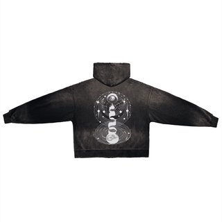 Cosmic Connection Zip Hoodie back flat lay with white cosmic spiral art on dark wash