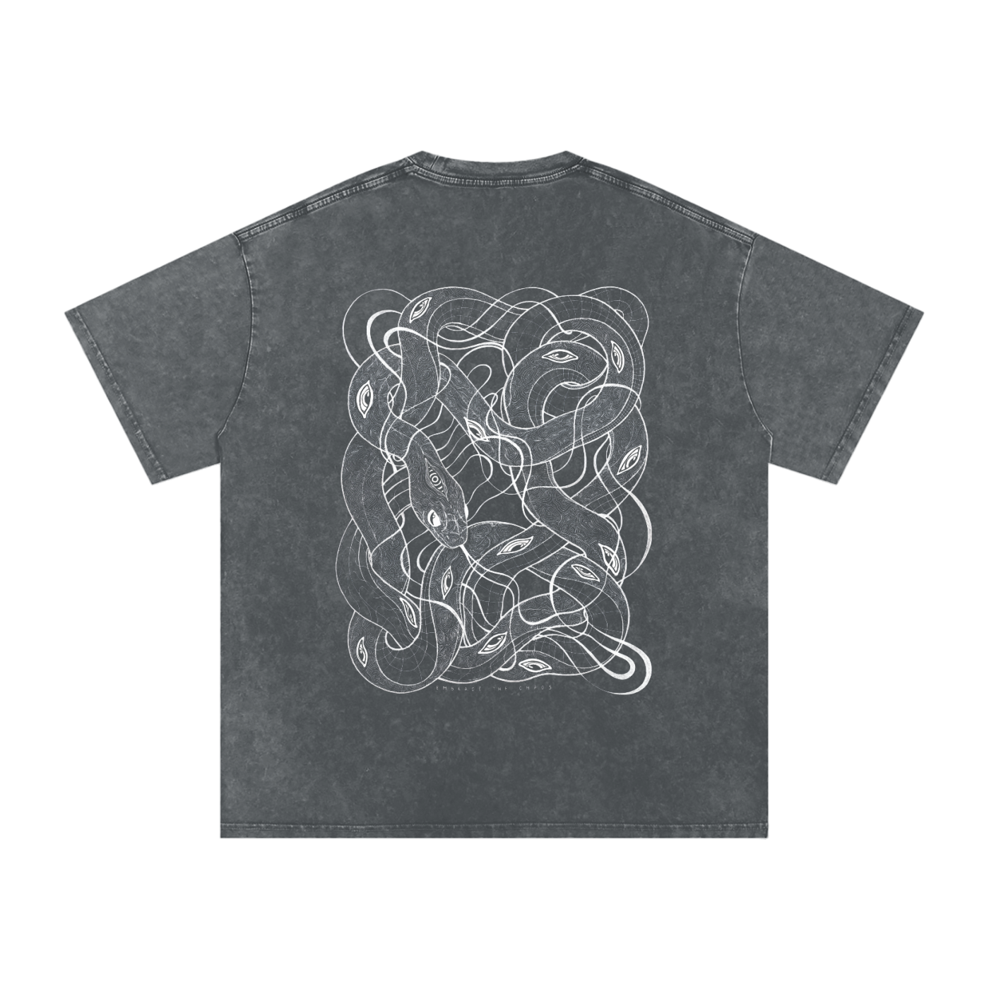 Black t-shirt with white abstract snake design on a white background