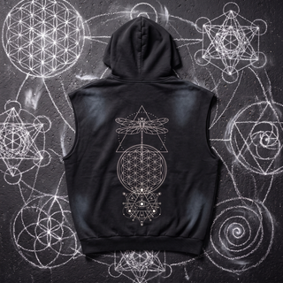 Back of the Existential sleeveless hoodie in black vintage wash sun fade on chalk-drawn black asphalt, with white line art of a dragonfly in a dotted triangle over a Flower of Life and an all-seeing eye mandala.