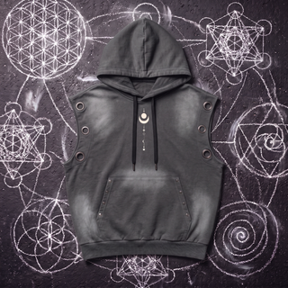 Front of the Existential sleeveless hoodie in dark gray vintage wash sun fade on chalk-drawn black asphalt, showing the drawstring hood, metal armhole eyelets, riveted kangaroo pocket and small celestial stack artwork.