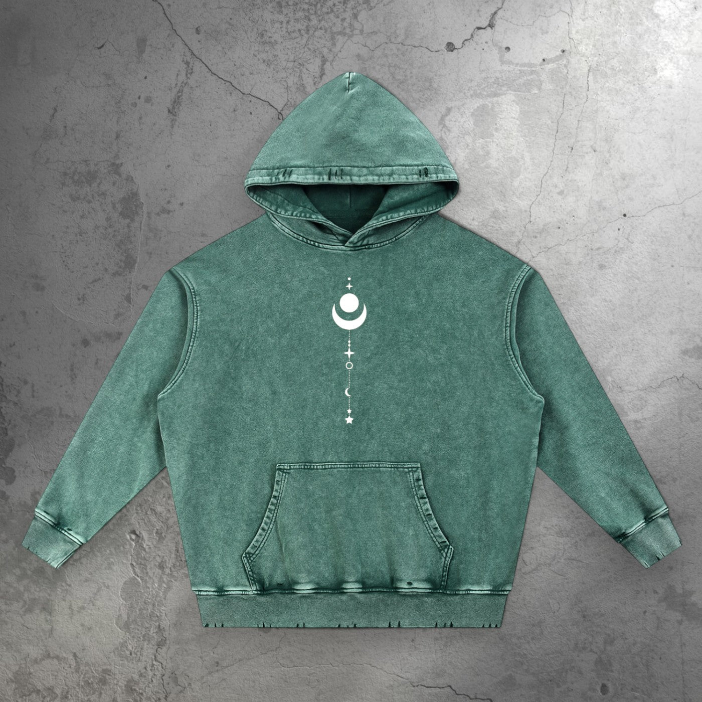 Green Existential snow wash hand-frayed hoodie front view with celestial moon and stars graphic