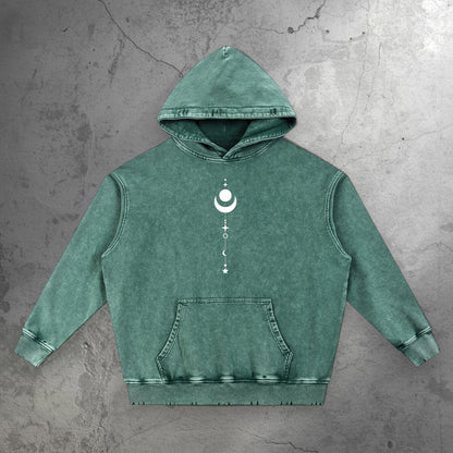 Green Existential snow wash hand-frayed hoodie front view with celestial moon and stars graphic