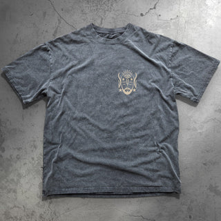 Journey Within charcoal wash tee front view with mystic face and eye chest logo