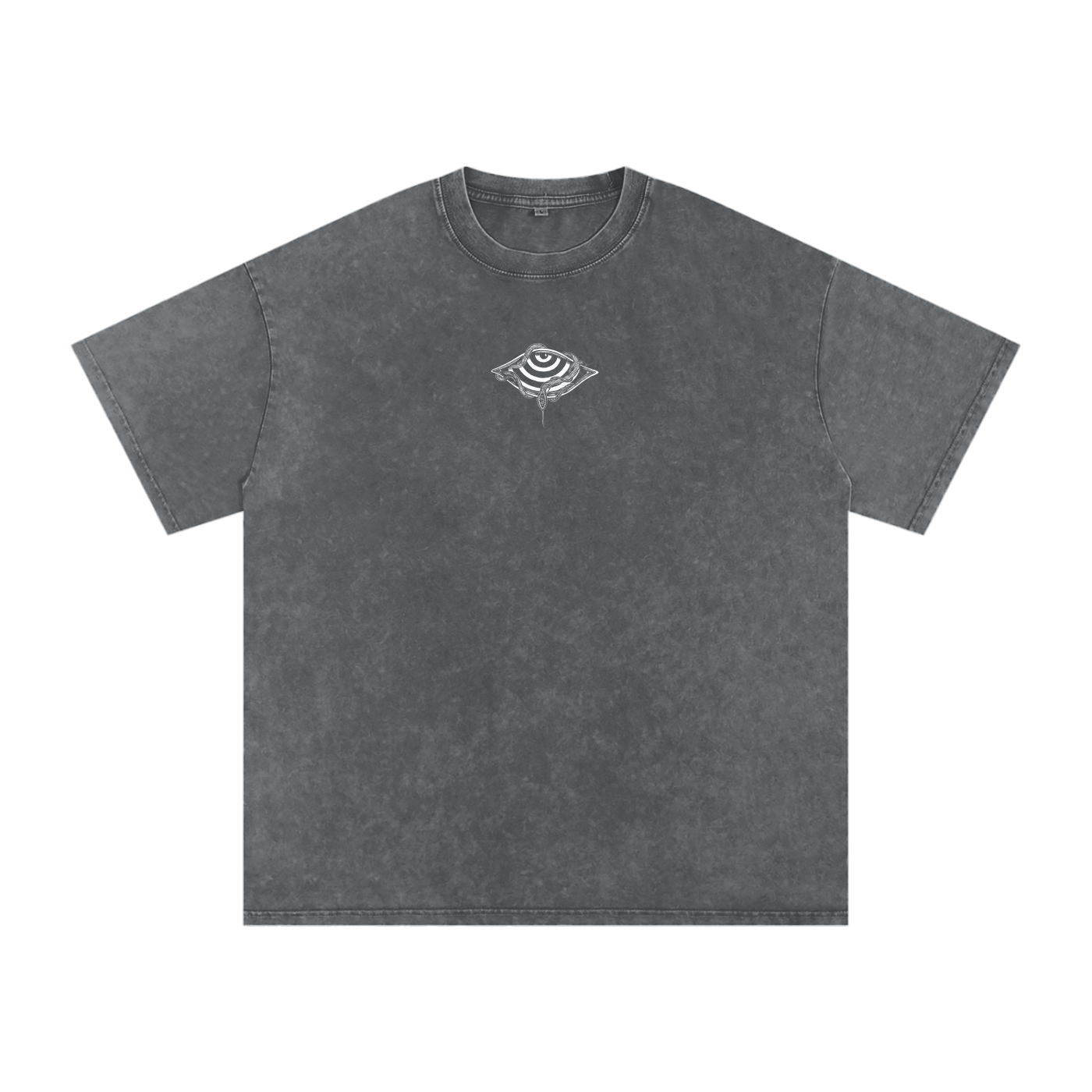 Gray t-shirt with a small logo on a white background