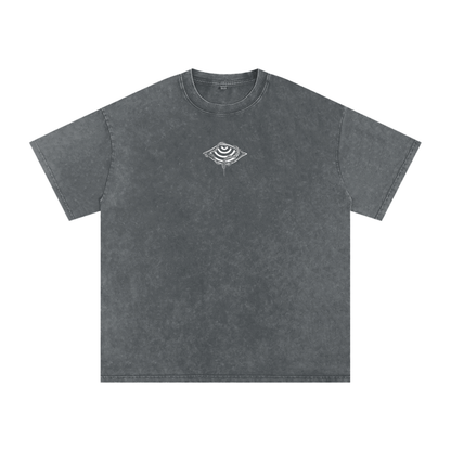Gray t-shirt with a small logo on a white background