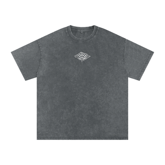 Gray t-shirt with a small logo on a white background