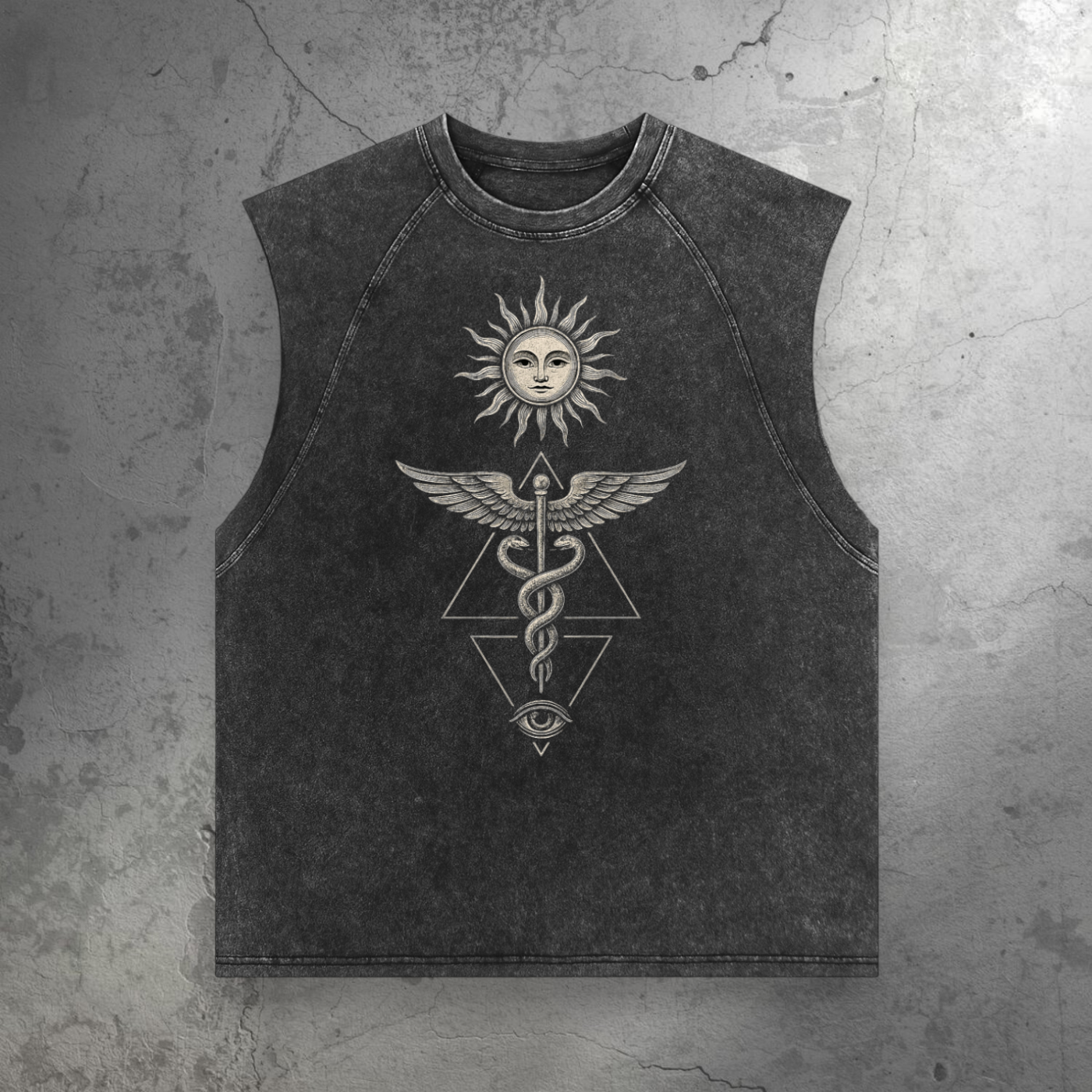 Black sleeveless shirt with a sun and caduceus design on the chest