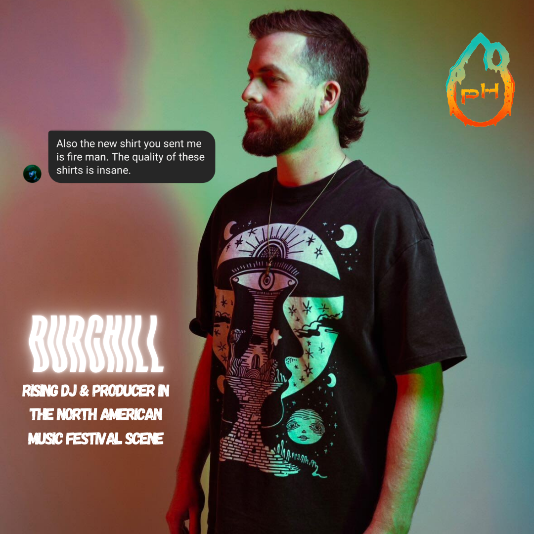 Man in black Lunar Enigma tee with colorful lighting and customer testimonial praising shirt quality