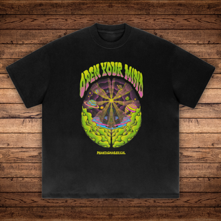 Black Open Your Mind Absurdly Heavyweight tee flat lay with neon cosmic brain and planets