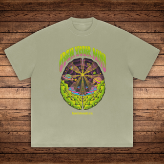 Close-up of Open Your Mind black 425 GSM tee with cosmic brain planets and neon green psychedelic art