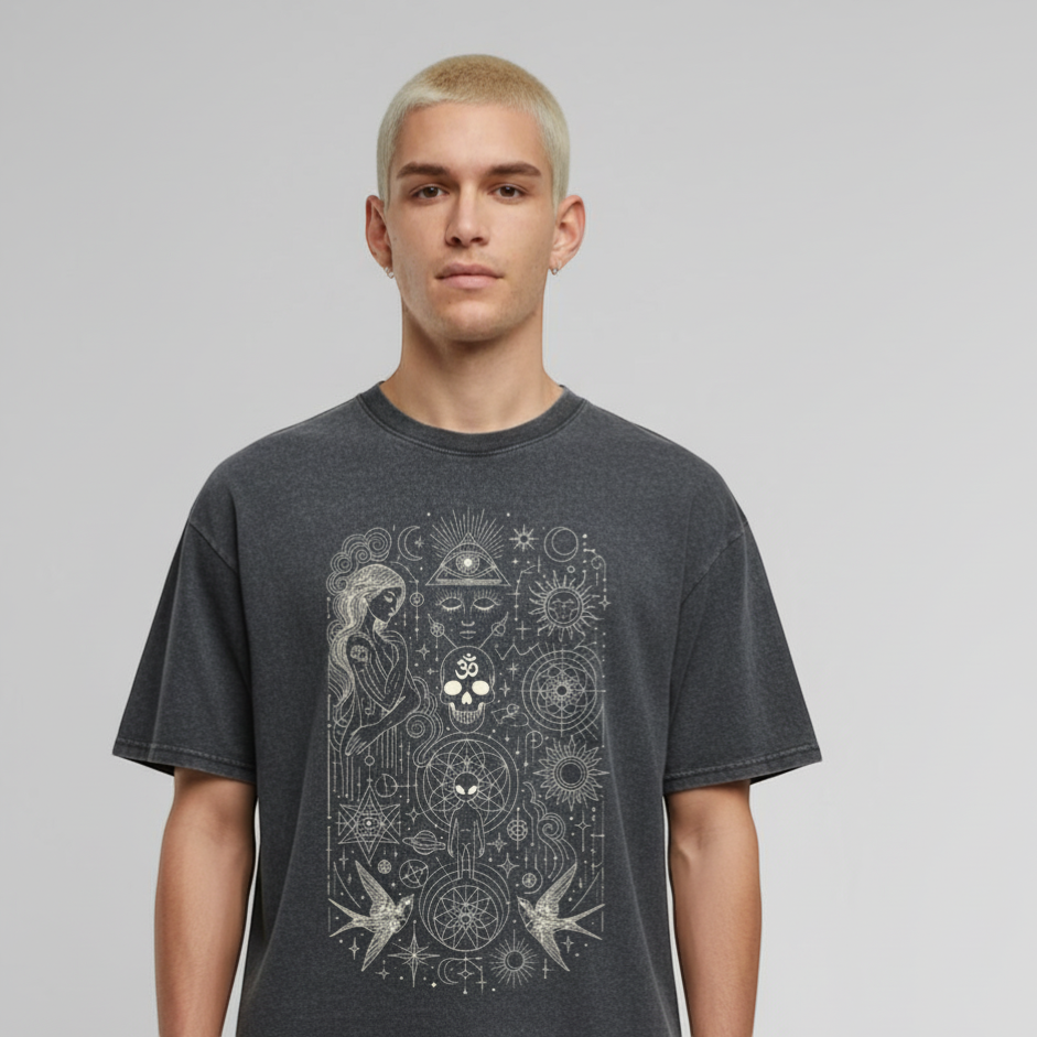 Model wearing Ethereal Muse charcoal tee with white celestial and skull graphic design