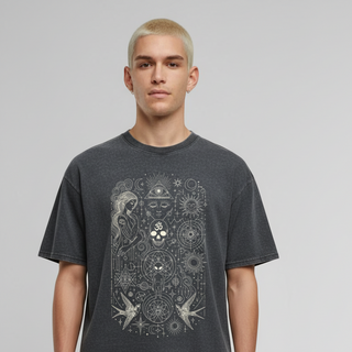 Model wearing Ethereal Muse charcoal tee with white celestial and skull graphic design