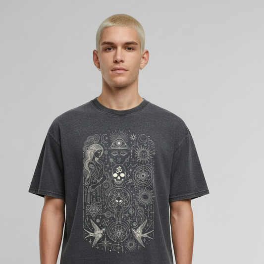 Model wearing Ethereal Muse charcoal tee with white celestial and skull graphic design