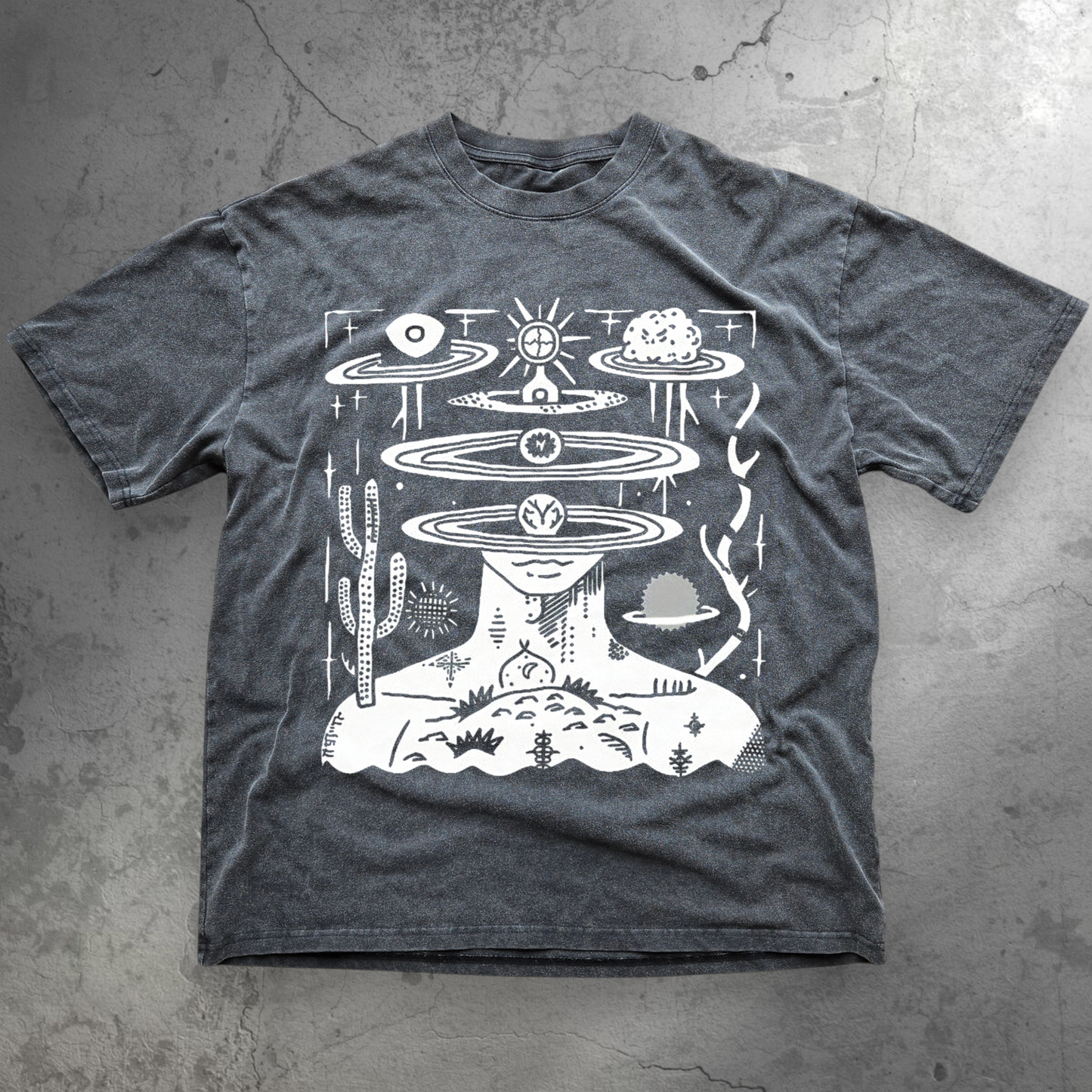 Dark gray t-shirt with white graphic design on a white background