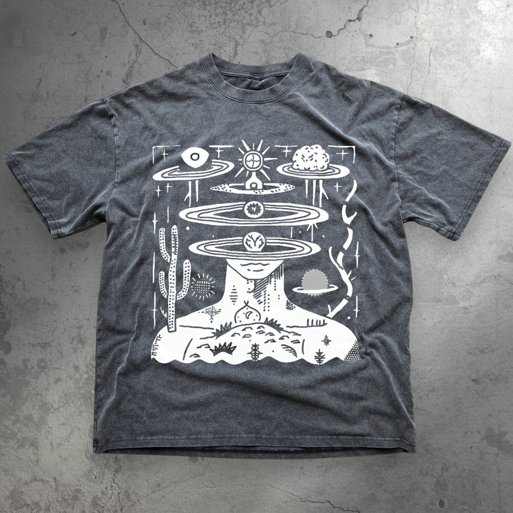 Dark gray t-shirt with white graphic design on a white background