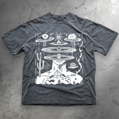 Dark gray t-shirt with white graphic design on a white background