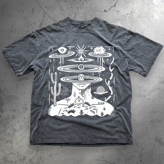 Dark gray t-shirt with white graphic design on a white background