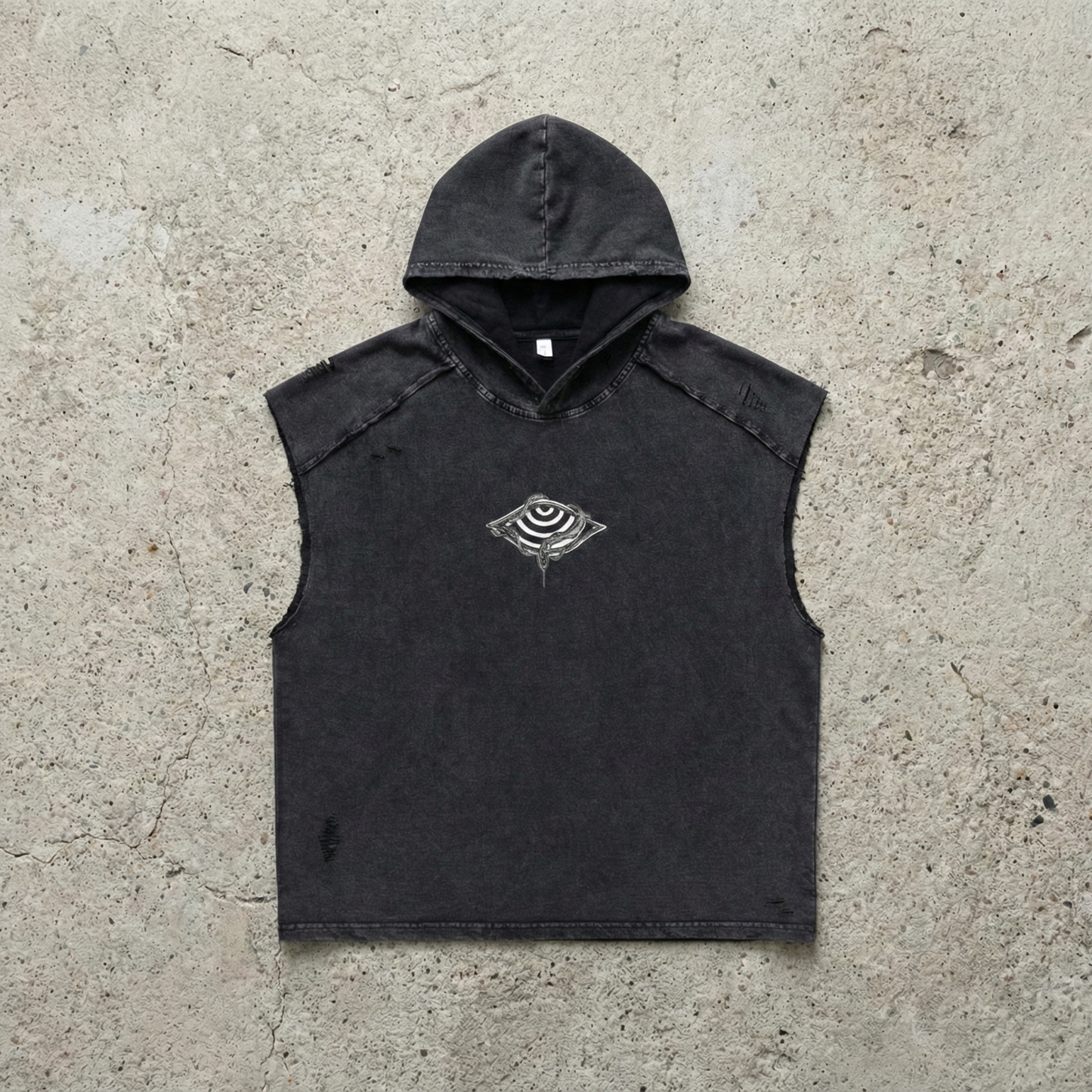 Front of dark snow wash Embrace The Chaos hooded tank with embroidered eye and snake logo