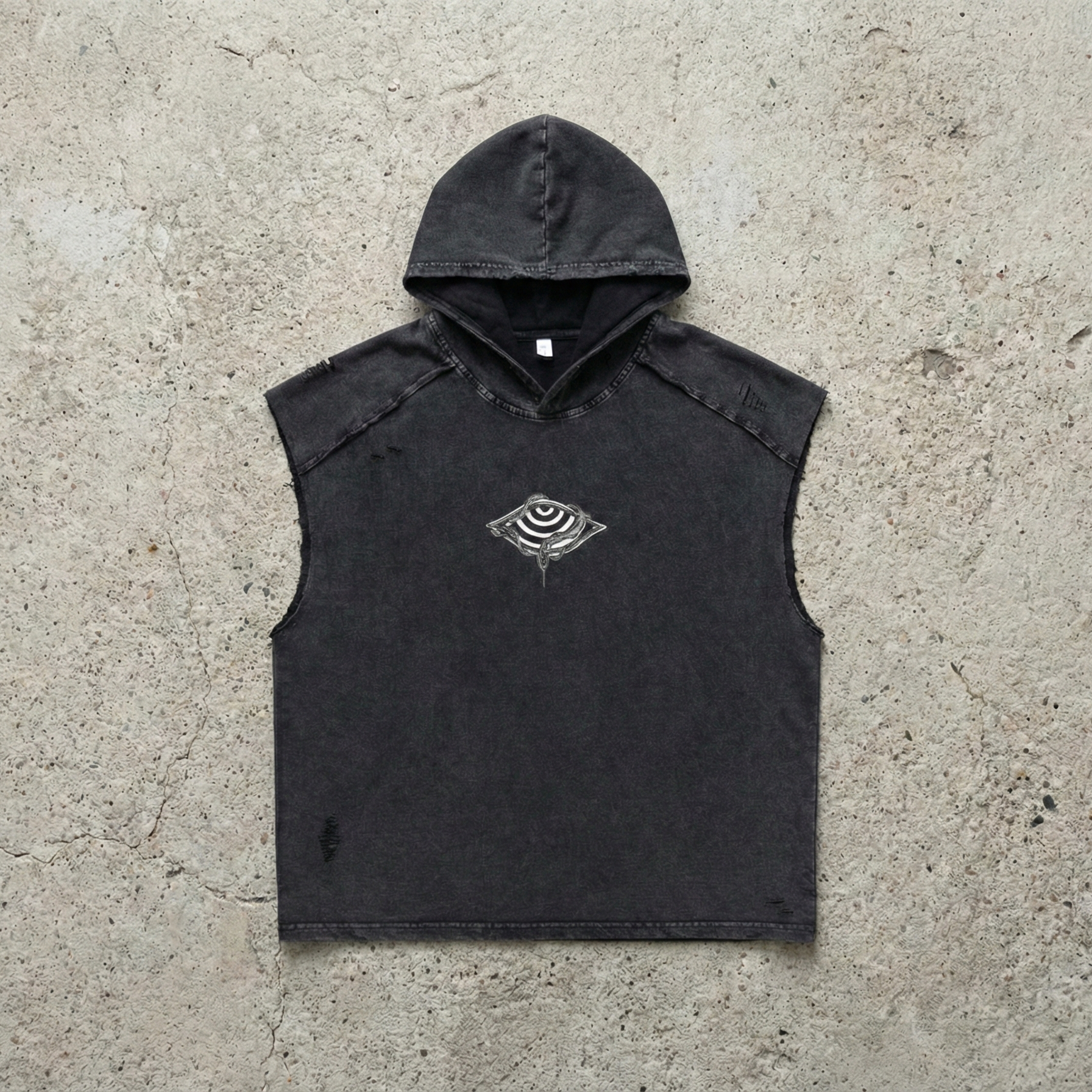 Front of dark snow wash Embrace The Chaos hooded tank with embroidered eye and snake logo