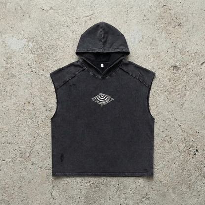 Front of dark snow wash Embrace The Chaos hooded tank with embroidered eye and snake logo