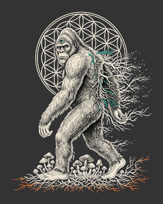The original PsySquatch artwork on white: a sasquatch walking in profile with a third eye, drawn in fine pen and ink stipple, a Flower of Life mandala behind its head, mycelium filaments trailing from its back and a cluster of mushrooms and rust orange roots at its feet