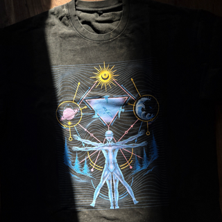 Interconnected charcoal vintage tee front print detail in natural sunlight