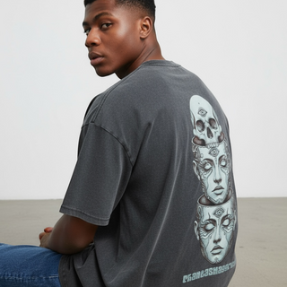 Model showing Metamorphosis tee back design with surreal stacked skull and faces artwork