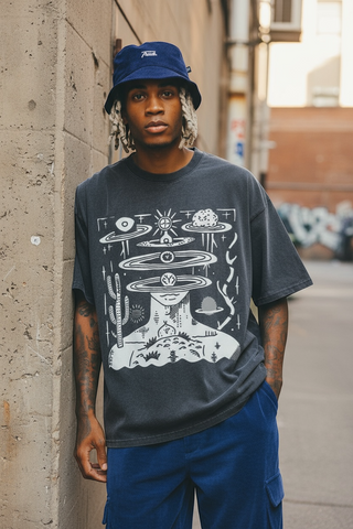 Model wearing oversized charcoal Spaced Out tee with white space graphic and blue bucket hat in urban alley