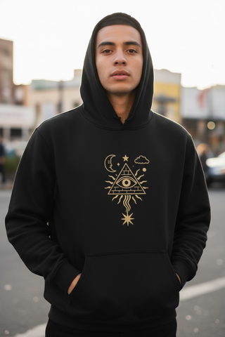 Man wearing black Mystic Signal Oversize Hoodie with front all-seeing eye triangle graphic