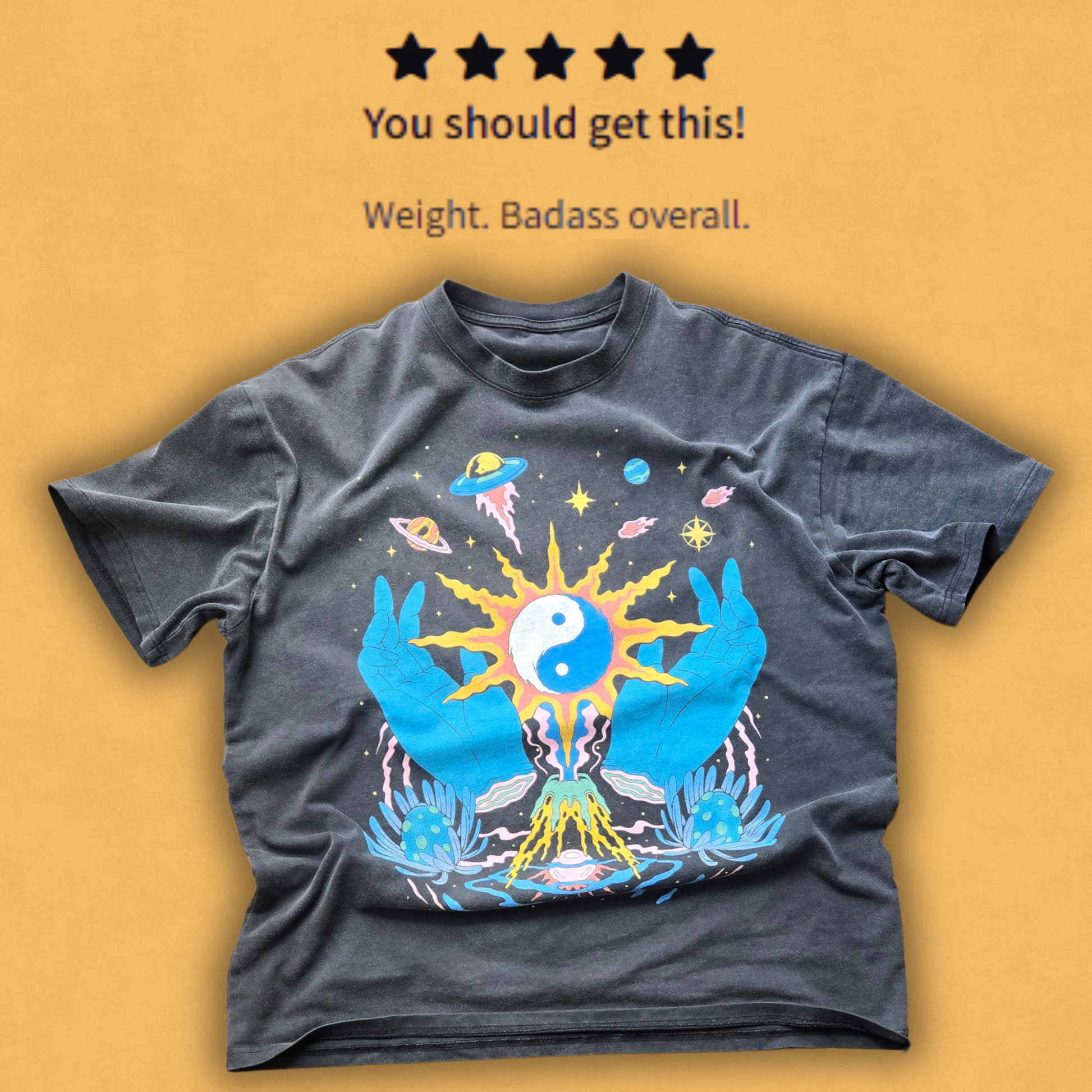 Five-star customer review showing acid-washed gray Yin Yang graphic tee on yellow background
