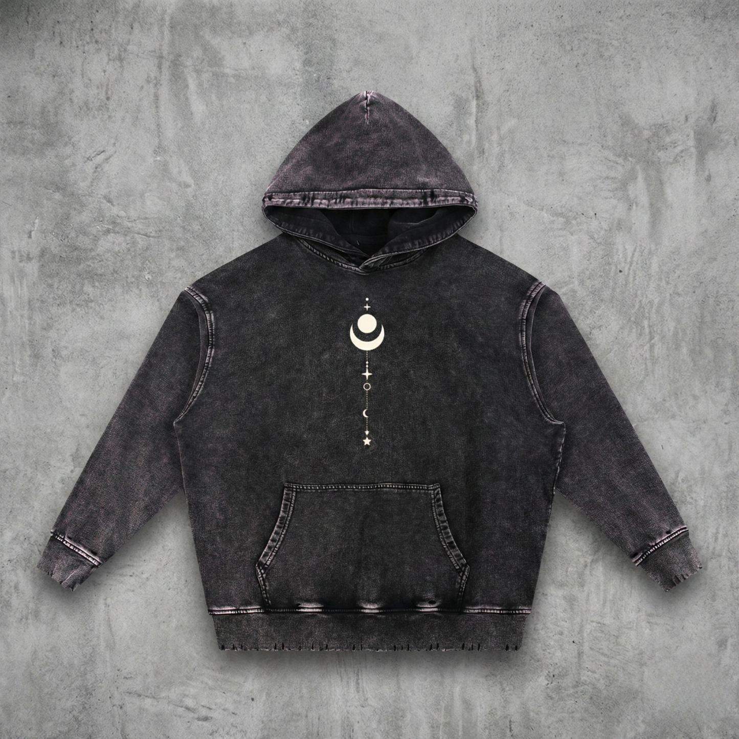Black Existential snow wash hand-frayed hoodie with celestial moon and stars graphic front view