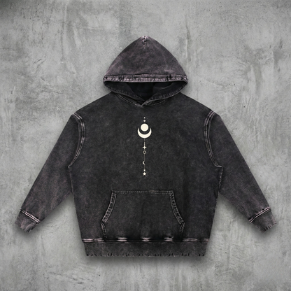 Black Existential snow wash hand-frayed hoodie with celestial moon and stars graphic front view