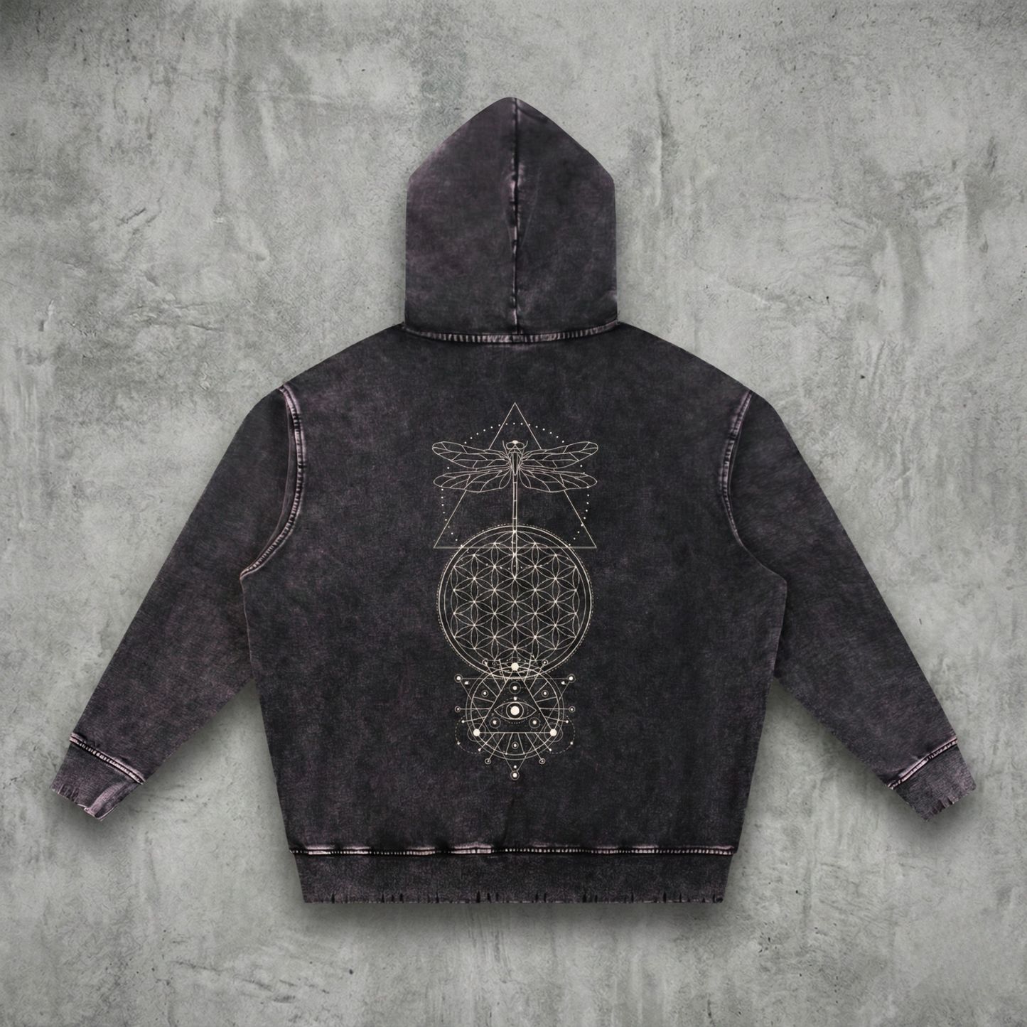 Existential Snow Wash Hand-Frayed Hoodie back view with dragonfly and sacred geometry design