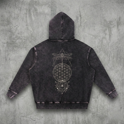Existential Snow Wash Hand-Frayed Hoodie back view with dragonfly and sacred geometry design