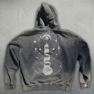 Washed grey Cosmic Connection Ultra Heavyweight Zip Hoodie back with white celestial spiral and orbital rings