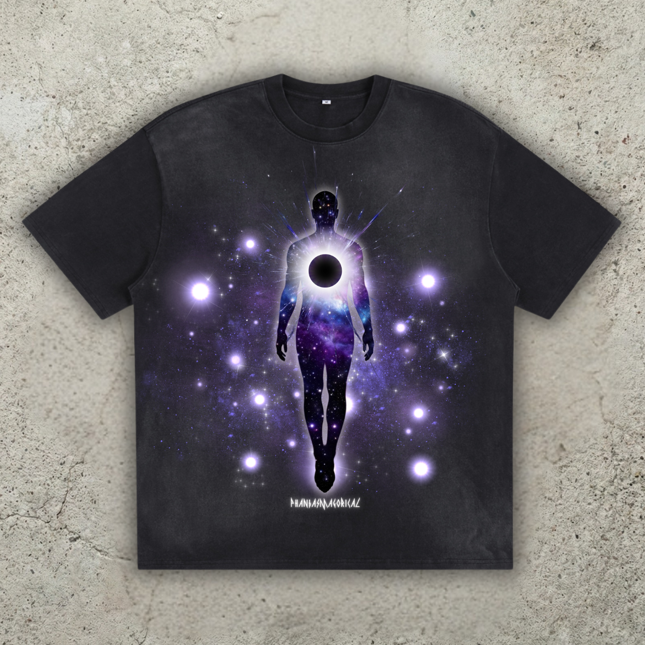 Void Eclipse sunfaded 300 GSM heavyweight shirt featuring a rising soul with a black hole in the chest. A bursting nebula coming from the lack hole. Designed by Phantasmagorical. 