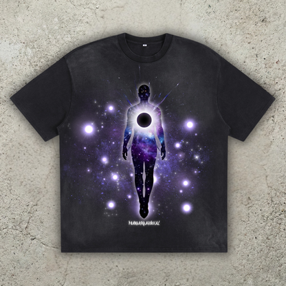 Void Eclipse sunfaded 300 GSM heavyweight shirt featuring a rising soul with a black hole in the chest. A bursting nebula coming from the lack hole. Designed by Phantasmagorical. 