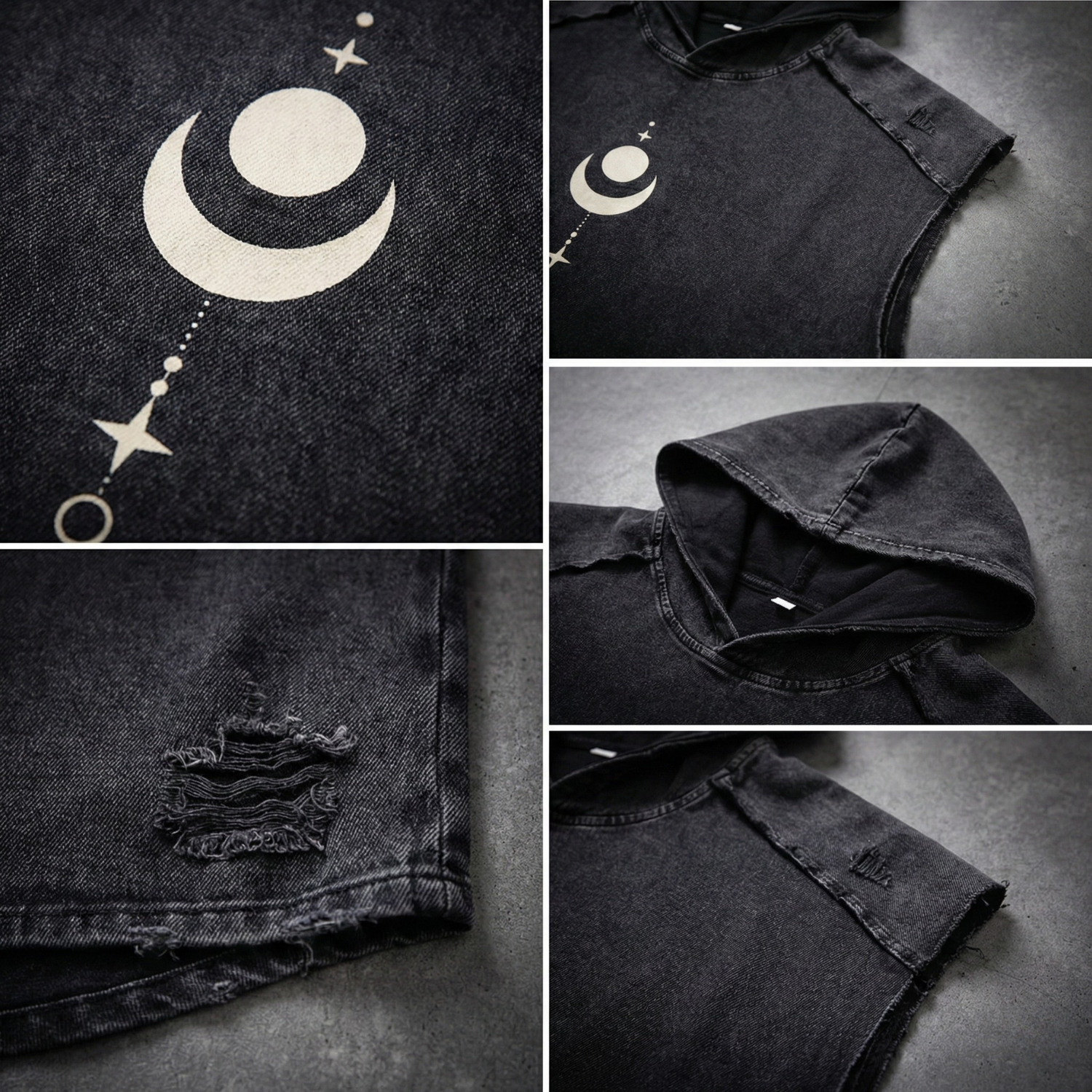 Detail shots of Existential hooded tank: moon and stars print, neckline, distressed hem, hood