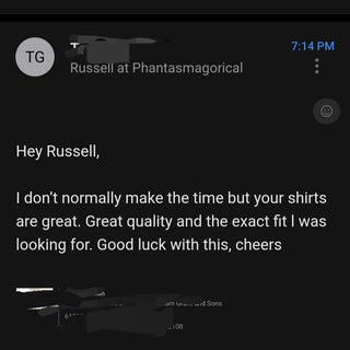 Customer review praising Mystic Signal tee quality and fit great quality and exact fit