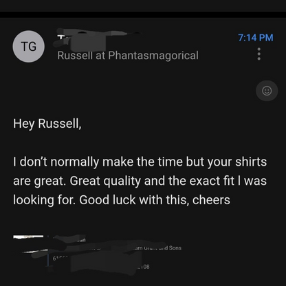 Customer review praising Phantasmagorical Dimensional Drift shirt quality and fit