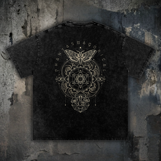 Charcoal snow wash Nocturnal Architect oversized tee, back view on concrete, printed in cream with a Phantasmagorical arch, a death's-head moth, Metatron's cube mandala and mushrooms.
