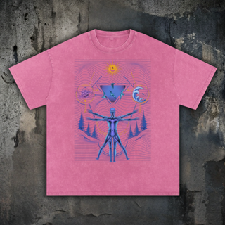 Pink snow wash Interconnected oversized heavyweight tee on concrete, printed in blue and purple with a Vitruvian cosmic figure, ringed planet, ocean wave and sacred geometry.