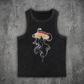 Black snow wash Patakota women's tank top on concrete, printed with a line-art female figure beneath a maroon mushroom cap, a Patakota collaboration.