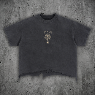 Front view of the Mystic Signal 240 GSM vintage wash boxy tee, featuring a high snug collar, drop-shoulder fit, and a hand-cut raw hem.