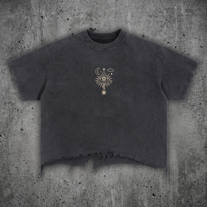 Front view of the Mystic Signal 240 GSM vintage wash boxy tee, featuring a high snug collar, drop-shoulder fit, and a hand-cut raw hem.