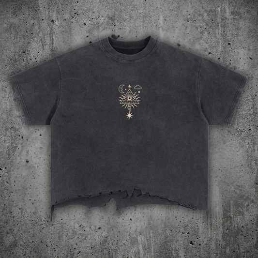 Front view of the Mystic Signal 240 GSM vintage wash boxy tee, featuring a high snug collar, drop-shoulder fit, and a hand-cut raw hem.