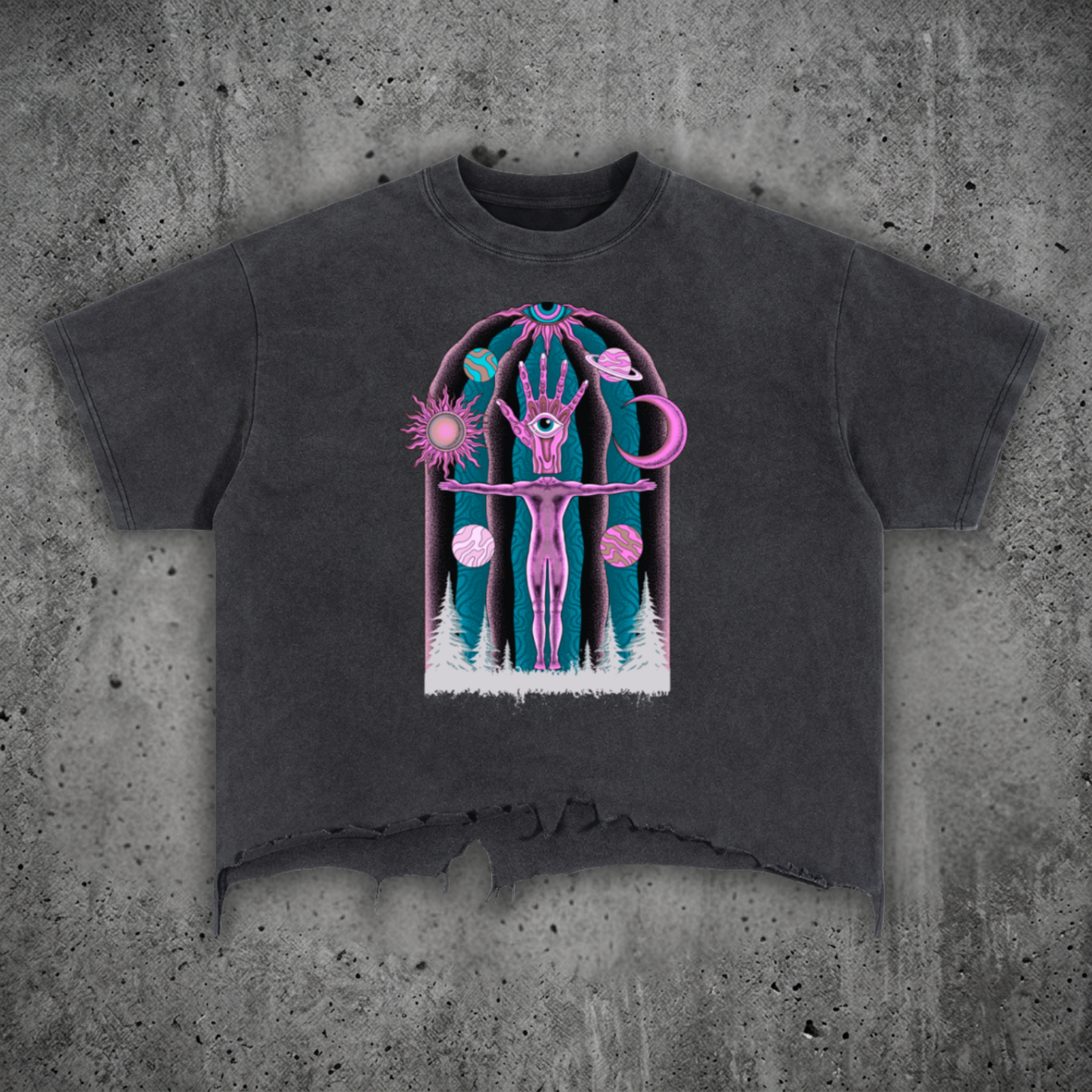 Front flat lay view of the Dissolution of Ego 240 GSM boxy raw hem graphic tee. Features an artisanal vintage wash, high snug collar, drop-shoulder fit, and psychedelic wearable art.