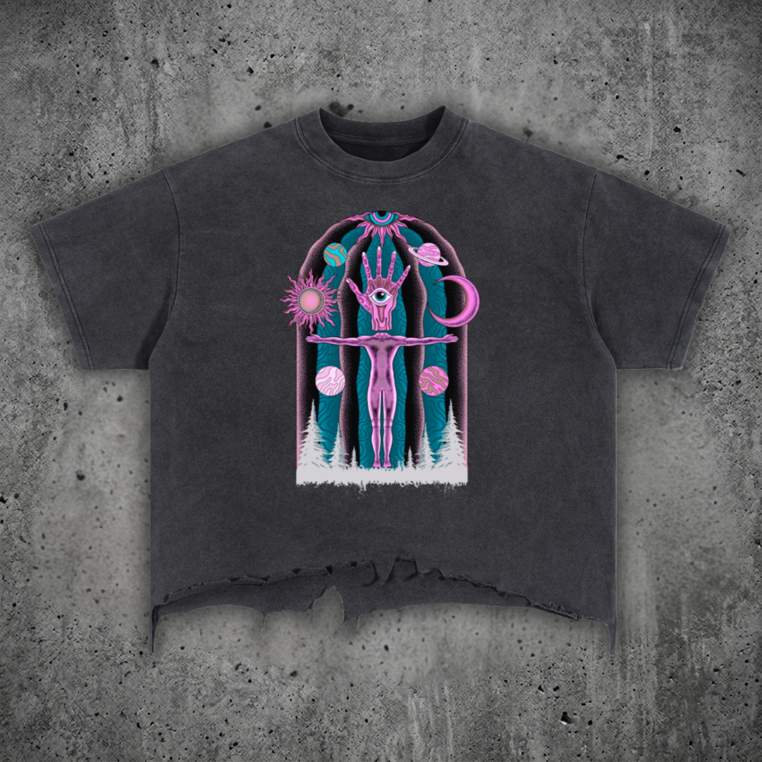 Front flat lay view of the Dissolution of Ego 240 GSM boxy raw hem graphic tee. Features an artisanal vintage wash, high snug collar, drop-shoulder fit, and psychedelic wearable art.