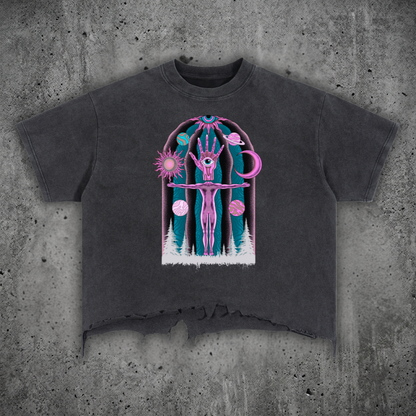 Front flat lay view of the Dissolution of Ego 240 GSM boxy raw hem graphic tee. Features an artisanal vintage wash, high snug collar, drop-shoulder fit, and psychedelic wearable art.